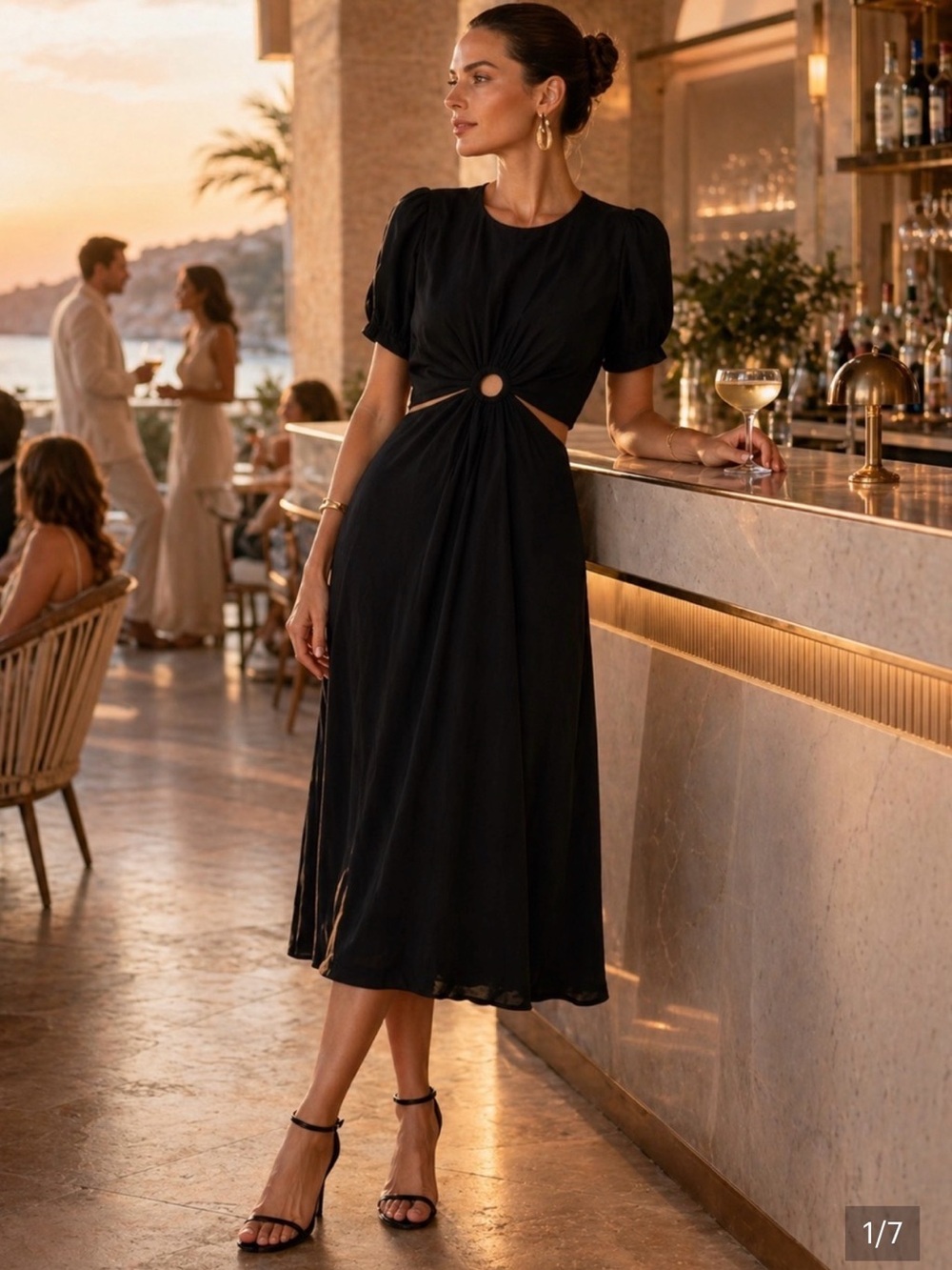 STATE Black Lined Midi Dress-Skirt with O-Ring Cutout Soft and Lightweight